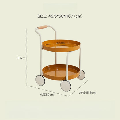 Round two-tier trolley on wheels with handle, suitable for living rooms or balconies. Versatile for use as a coffee table or side table. Ideal for easy movement and organizing spaces. Direct wholesale supply from China.