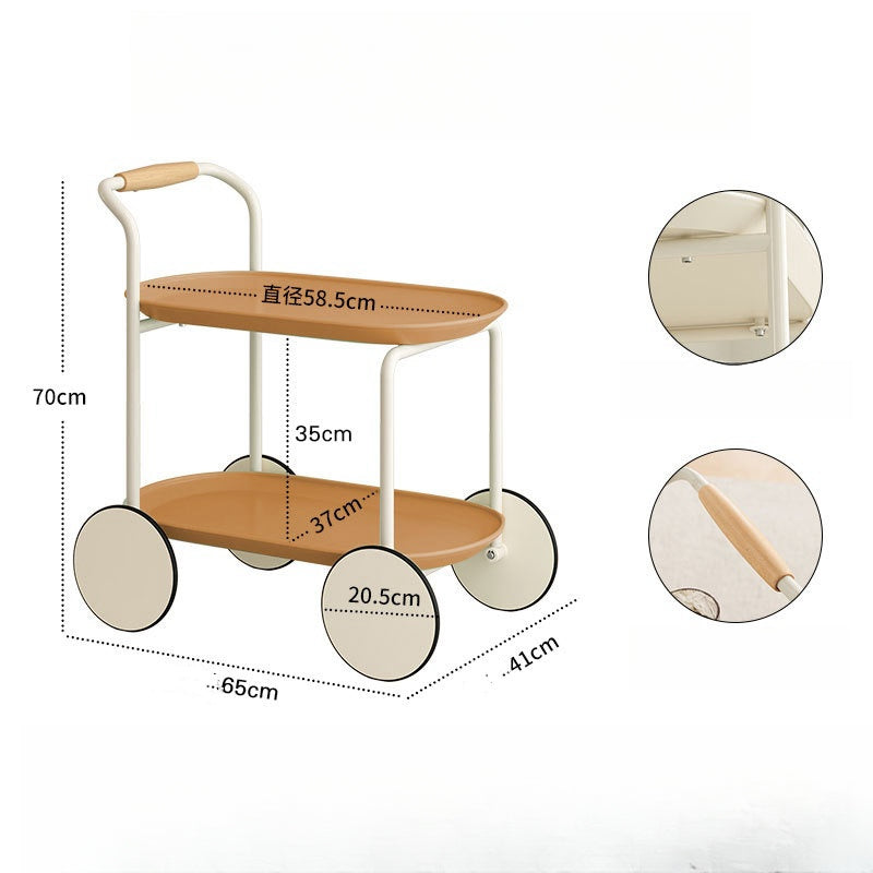 Two-tier rolling trolley with rounded corners and handle, suitable for versatile uses such as a coffee table or side table in living rooms or balconies. Features large wheels for easy mobility, ideal for convenient rearrangement and organization. Available for direct wholesale from China suppliers.