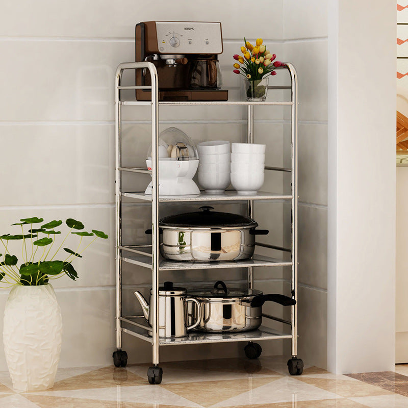 Multi-purpose rolling storage cart in kitchen setting, holding kitchen appliances, cookware, and utensils, ideal for home and commercial use, directly available for bulk orders from Chinese suppliers.