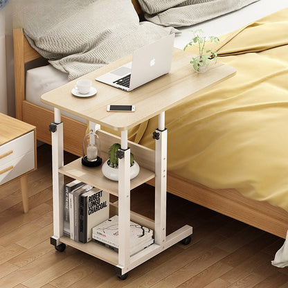 Adjustable mobile laptop desk used as a bedside table with storage shelves, ideal for home or office use, suitable for versatile applications. Wholesale advantage from direct Chinese manufacturer. 