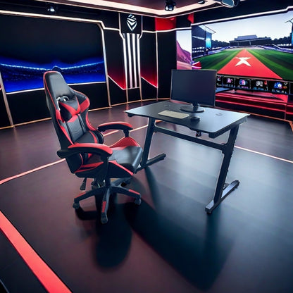 Gaming setup featuring a sleek desk with a headphone hook and an ergonomic leather chair in an immersive media room. Ideal for bulk purchase directly from a Chinese supplier, suitable for home offices, gaming zones, and professional workspaces.