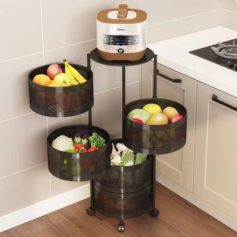 Rotating multi-tier storage rack with mesh baskets, ideal for kitchen organization. Convenient access to fruits, vegetables, appliances. Perfect for bulk purchase from China for wholesale buyers seeking efficient space-saving solutions.