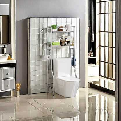 Over-the-toilet storage rack placed in a modern bathroom, showcasing multi-tier shelving for organized storage. Ideal for small spaces, enhancing practicality and functionality. Perfect for wholesale buyers from China looking for space-saving solutions.