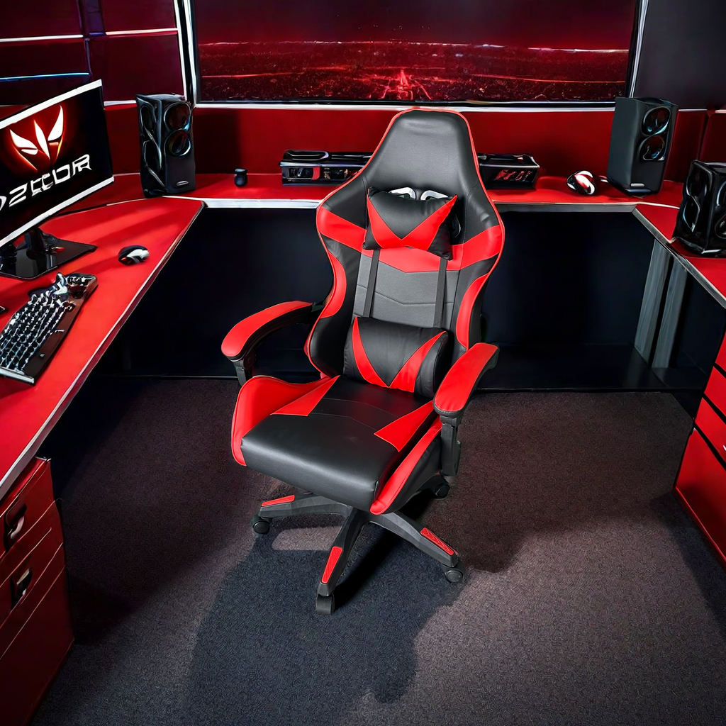 Ergonomic gaming and office chair with headrest and lumbar support placed in an immersive gaming setup, ideal for bulk import directly from China.