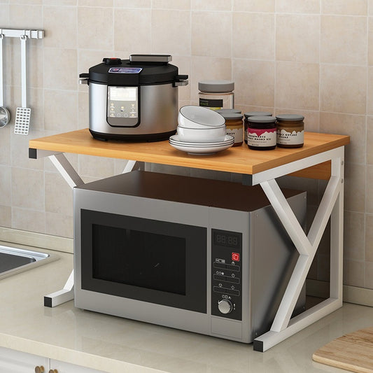 Microwave oven rack with kitchen appliances and storage jars, suitable for maximizing space and organization in kitchens. Ideal for direct bulk sourcing from China for retailers and hospitality businesses.