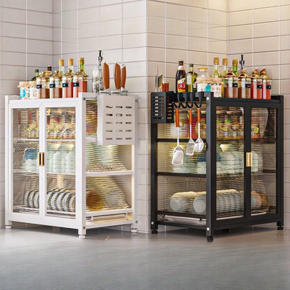 Kitchen storage cabinets and racks displaying tableware and bar essentials, suitable for home and commercial use, highlighting wholesale purchasing options directly from China.