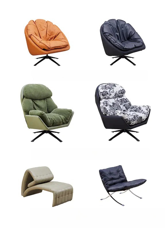 Modern swivel lounge chairs in various designs, featuring cushioned seats ideal for living rooms, offices, and lounges. Perfect for bulk wholesale orders from China.