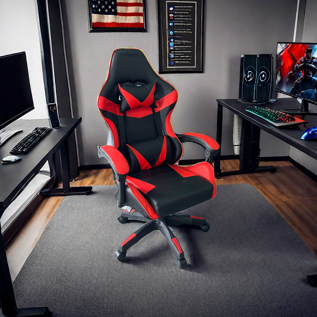 Ergonomic gaming chair with headrest and lumbar support in a professional gaming setup, offering adjustable reclining and height functions, suitable for office or home use, ideal for direct bulk purchase from China.