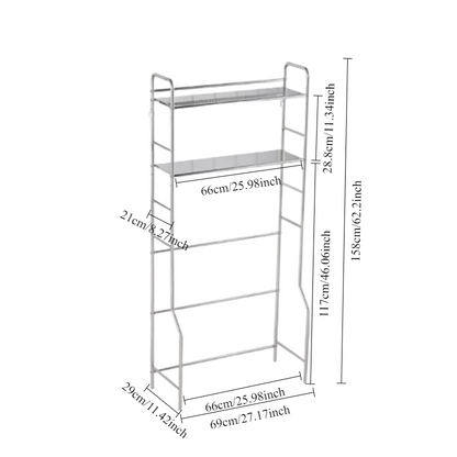 Space-saving over-washing machine storage rack with high load capacity, maximizing vertical space for bathroom and laundry room organization. Suitable for wholesale directly from China’s leading furniture manufacturer.