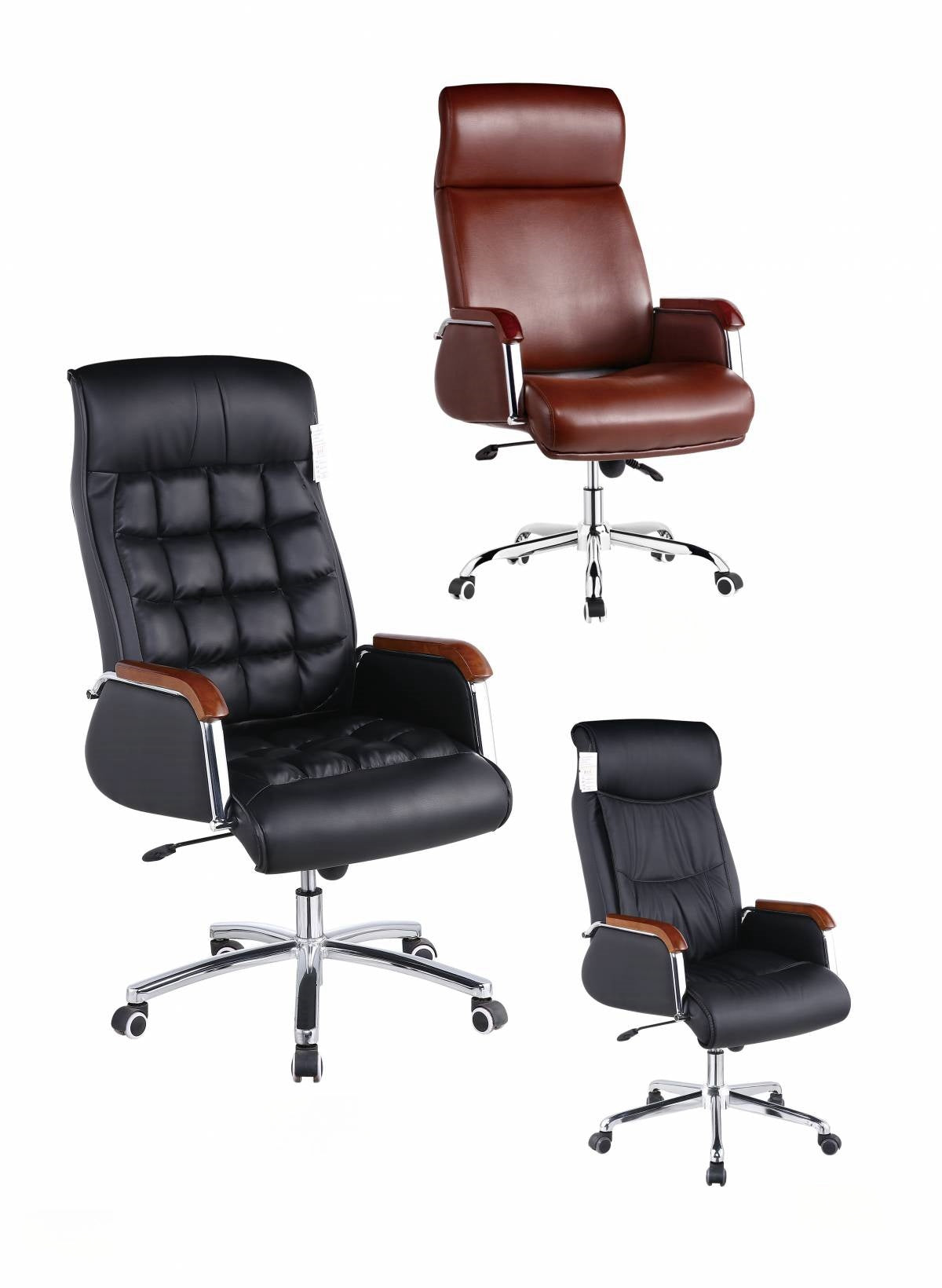 Three ergonomic executive chairs with leather upholstery, featuring adjustable armrests and swivel capabilities. Ideal for office environments, conference rooms, and home offices, available for wholesale directly from China.