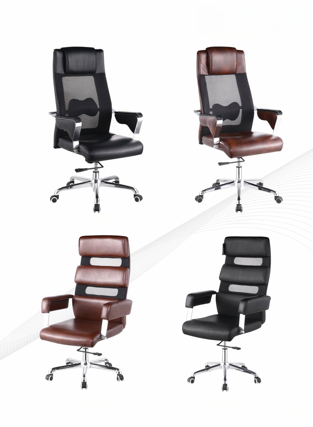 Ergonomic high-back executive and office chairs with breathable mesh and leather, featuring adjustable armrests and lumbar support for business use and wholesale from China. Suitable for corporate offices and conference rooms.