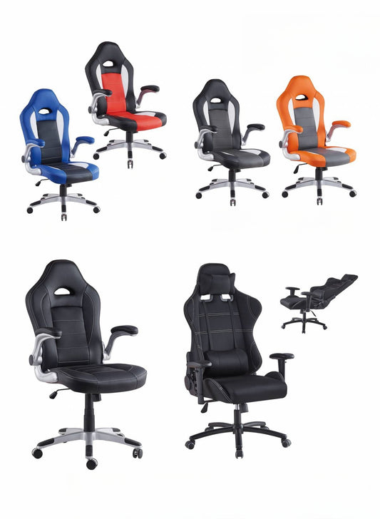 Ergonomic racing-style office and gaming chairs with adjustable height, recline, and 360° swivel features, designed for comfort during long work or gaming sessions. Ideal for wholesale purchase and importing from China for commercial or home use. Customizable options available.