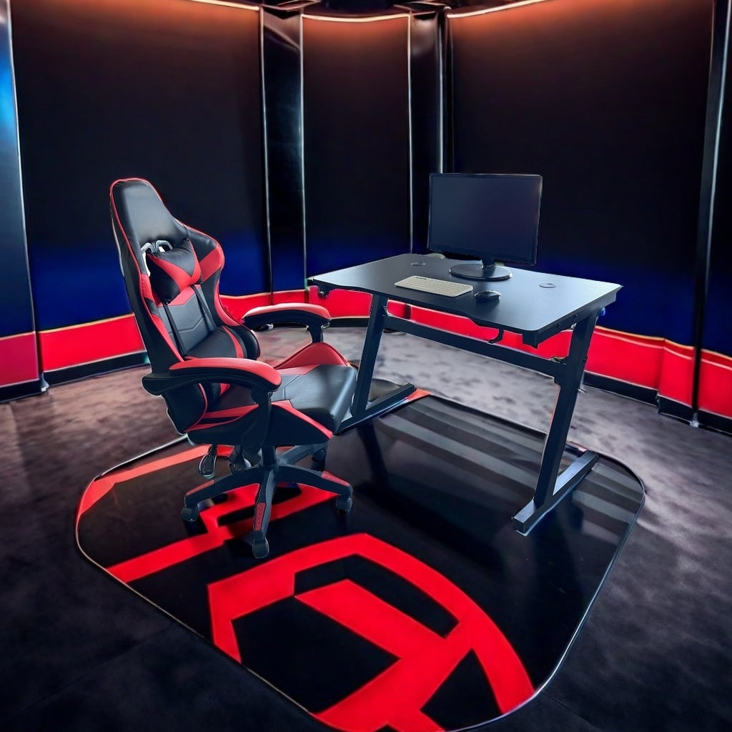 Gaming desk setup with a leather office chair, featuring a modern workstation design. Ideal for home offices, gaming setups, or professional work environments. Perfect for bulk purchases from China for resellers or businesses looking for durable, ergonomic furniture solutions.