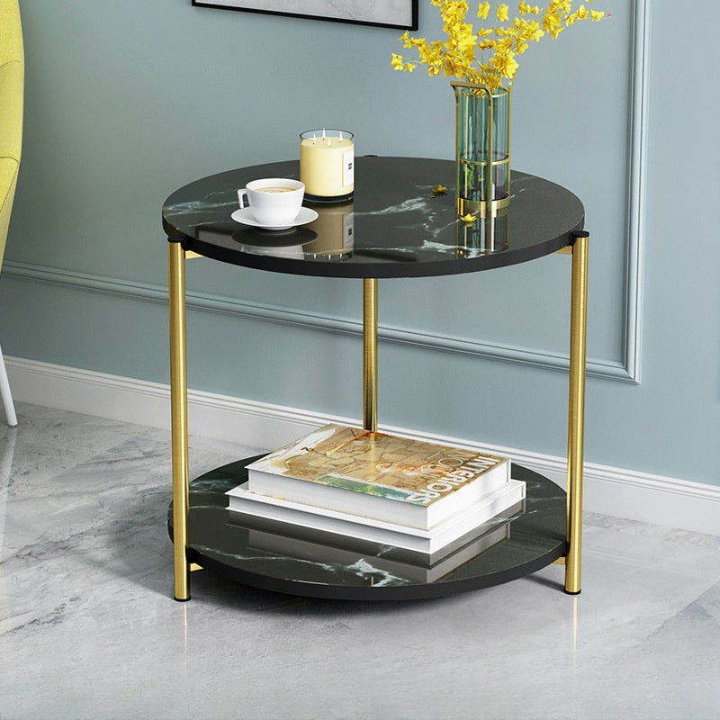 Round double-shelf side table for living room or office, ideal for holding books, decor, and beverages. Perfect for modern interiors, available for bulk purchase directly from China.