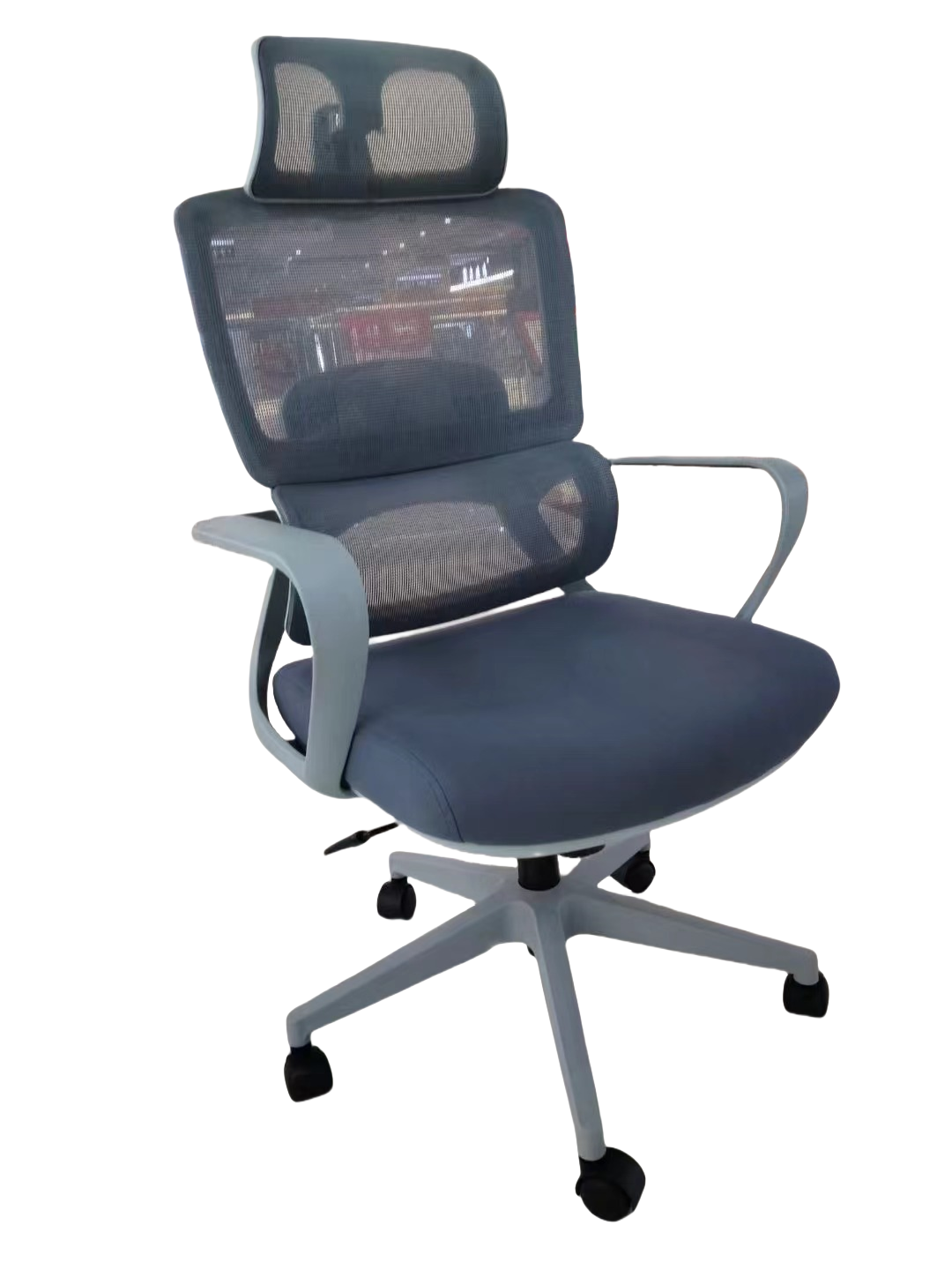 Ergonomic high-back mesh office chair with adjustable headrest and lumbar support, ideal for office and home workspaces. Suitable for bulk wholesale from China.