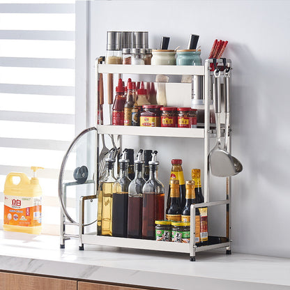 Multifunctional kitchen spice rack with two-tier storage, organizing condiments, sauces, and utensils, ideal for home or commercial kitchens. Convenient space-saving shelf available for direct wholesale from Chinese suppliers.