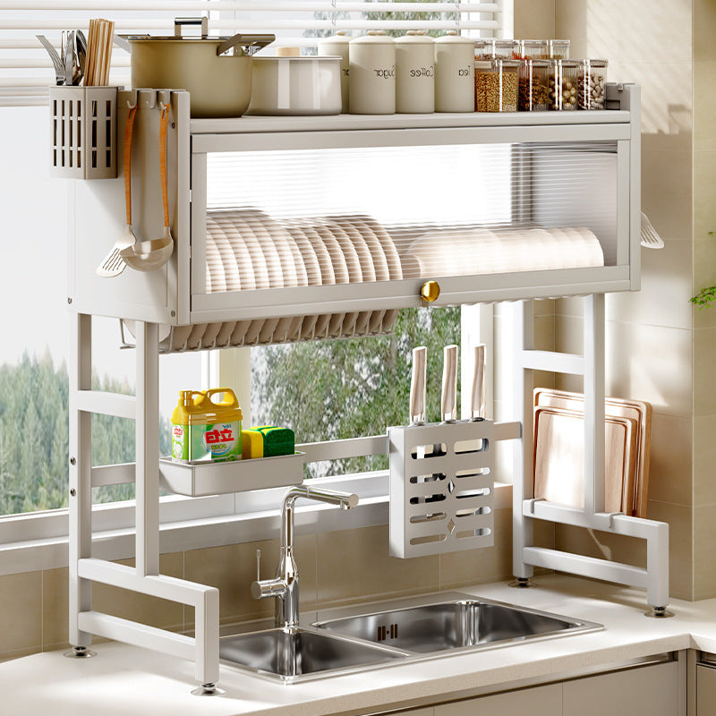 Over-sink dish drying rack with multiple compartments for organizing kitchenware, perfect for maximizing space in homes, cafes, or small restaurants. Ideal for direct bulk purchase from China, customizable for various needs. Features include a holder for knives, hooks for utensils, and elevated storage for efficient organization.