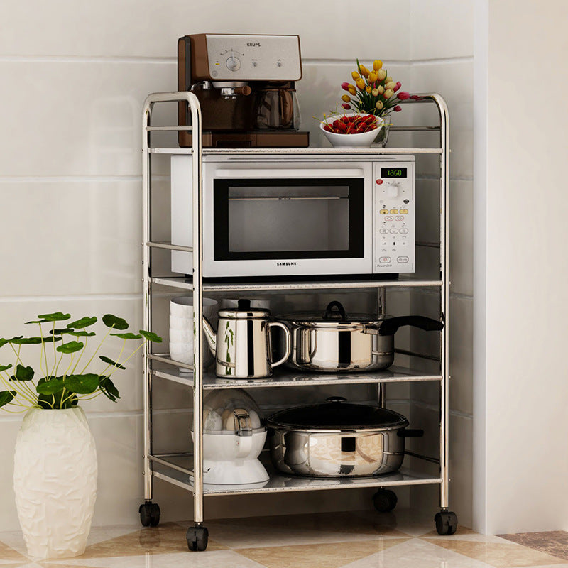 Multi-purpose storage rack with wheels, featuring open shelves for kitchen appliances and cookware, ideal for home or commercial use. Available for wholesale directly from China.