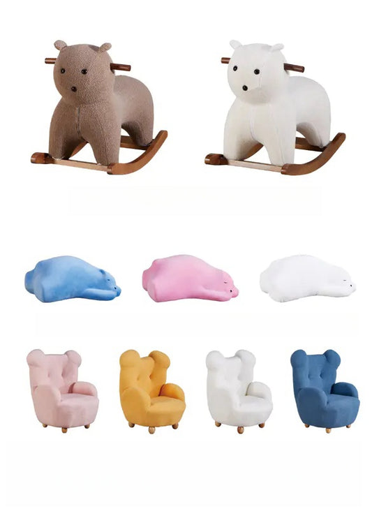 Animal-shaped rocking chairs and playful bear-inspired lounge chairs for adults, ideal for commercial spaces, homes, and creative environments. Available for wholesale direct from China with customizable options.