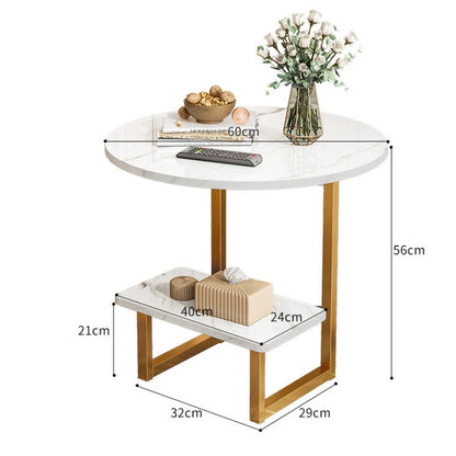 Round side table with a modern geometric design, featuring an additional lower shelf for storage. Suitable for living rooms, bedrooms, offices, cafes, and commercial spaces. Ideal for bulk purchase and customization directly from Chinese manufacturers.