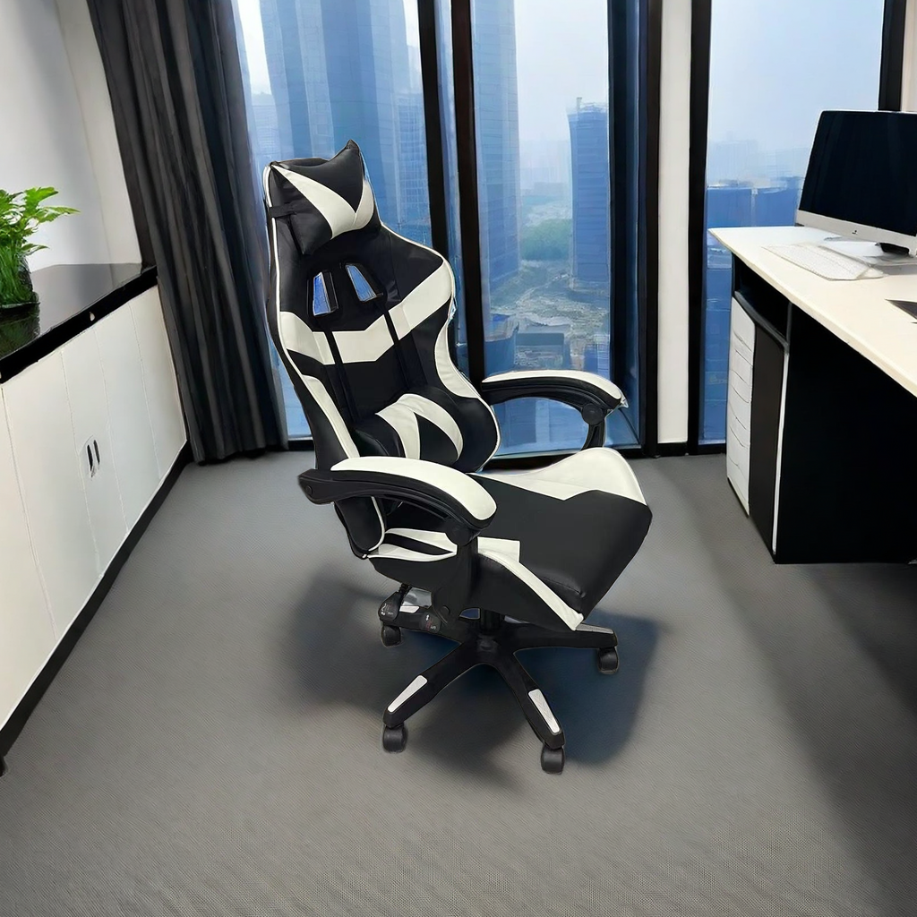 Ergonomic office chair with headrest and lumbar support, adjustable reclining angle, and 360° swivel, ideally suited for home offices or gaming setups. Available for bulk orders directly from Chinese manufacturers.