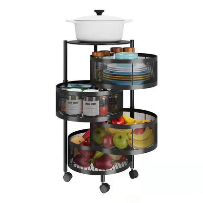 Rotating multi-tier storage rack with wheels, storing fruits, vegetables, cans, and kitchenware. Ideal for kitchens and dining areas, this organizer offers easy access and space-saving solutions. Perfect for wholesale buyers seeking affordable, direct-from-China purchases.