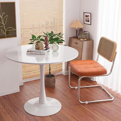 Round dining table paired with leather seat chair and mesh-back chair in a cozy home setting; perfect for cafes, dining rooms, or small lounges. Ideal for bulk purchase and wholesale orders directly from China.