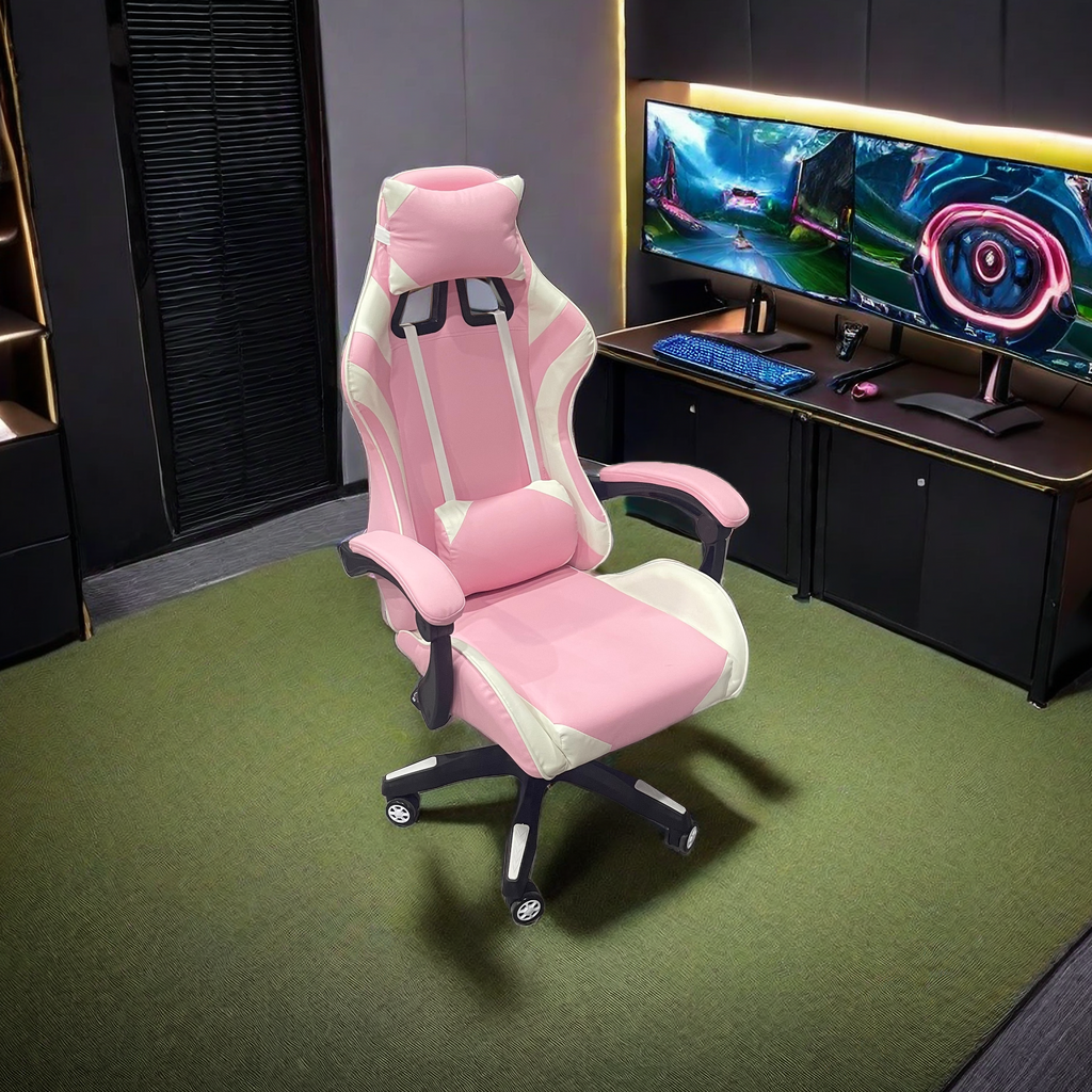 Ergonomic gaming chair with headrest and lumbar support in a gaming setup, featuring adjustable height and reclining angle. Ideal for office, gaming, or home office use. Available for direct wholesale from China.