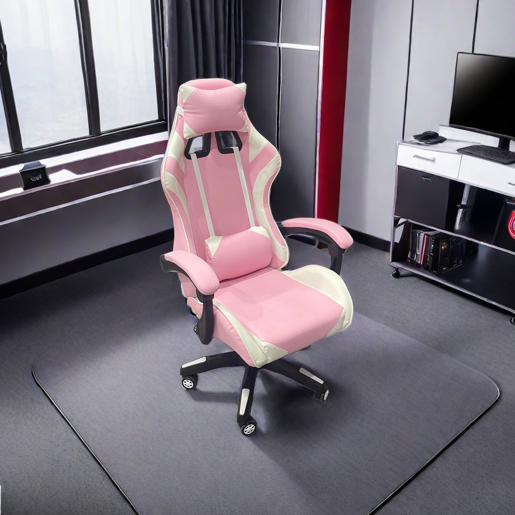 Ergonomic gaming chair with headrest and lumbar support, adjustable height and reclining angle, 360° swivel for office or gaming setups. Ideal for bulk wholesale from China.