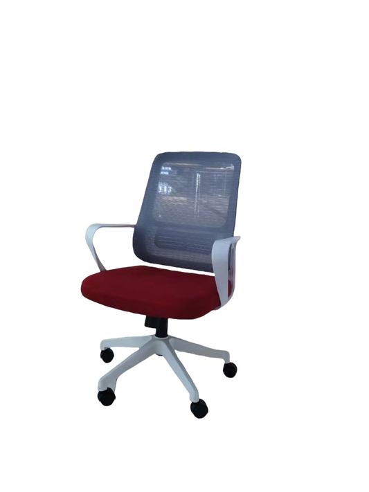 Ergonomic swivel office chair with mesh backrest and rolling wheels, suitable for office workspaces and home offices. Ideal for wholesale sourcing directly from China.