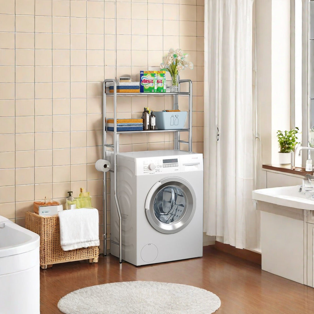 Over-washing-machine storage rack in bathroom or laundry room with additional shelves and hooks for organization, designed for bulk purchase from China.