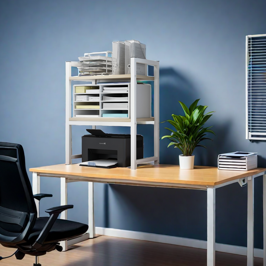 Multi-layer storage rack on desk in an office setting, holding files, printer, and office supplies, next to a comfortable padded chair. Ideal for space-saving and wholesale direct from China.