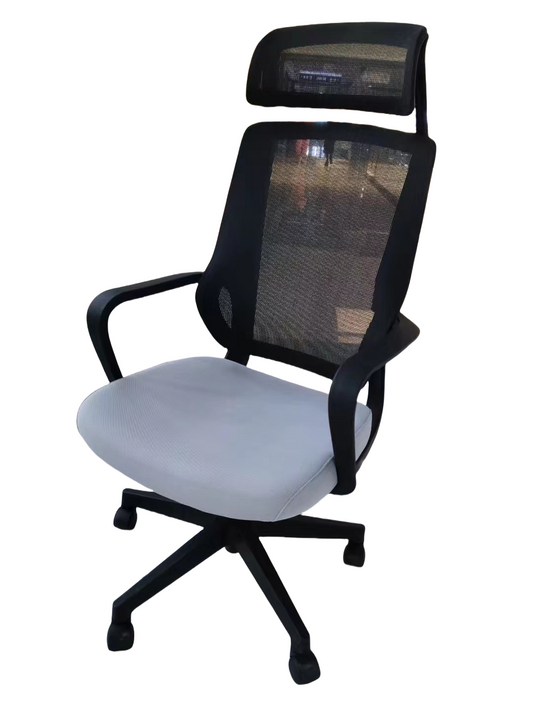 Ergonomic mesh office chair with adjustable headrest and lumbar support, ideal for corporate or home office environments and bulk purchasing directly from China. Suitable for executive desks and coworking spaces.