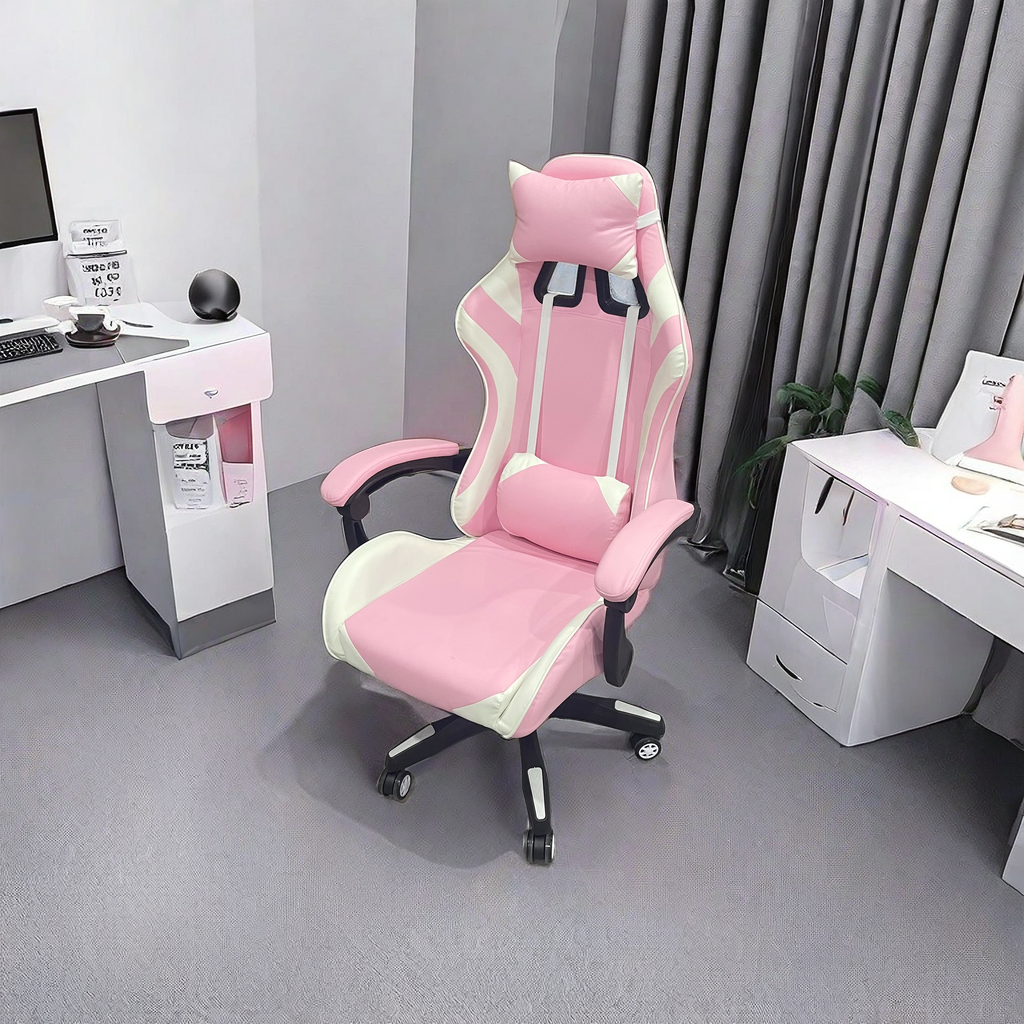 Ergonomic gaming chair with headrest and lumbar support, featuring adjustable height, reclining angle, and 360-degree swivel function, ideal for office, home, and gaming setups. Wholesale availability from China for bulk orders.