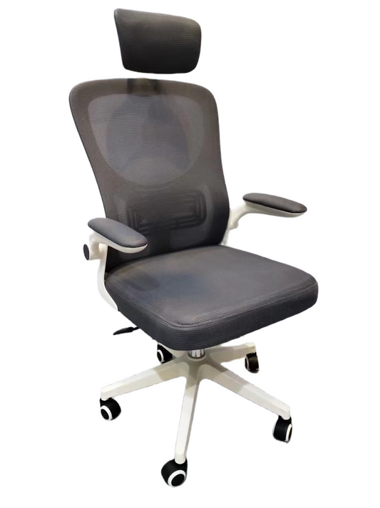 Ergonomic mesh office chair with adjustable headrest and lumbar support, 3D armrests, and rolling wheels, ideal for home or corporate workspaces. Suitable for bulk purchase from a Chinese supplier for commercial use.