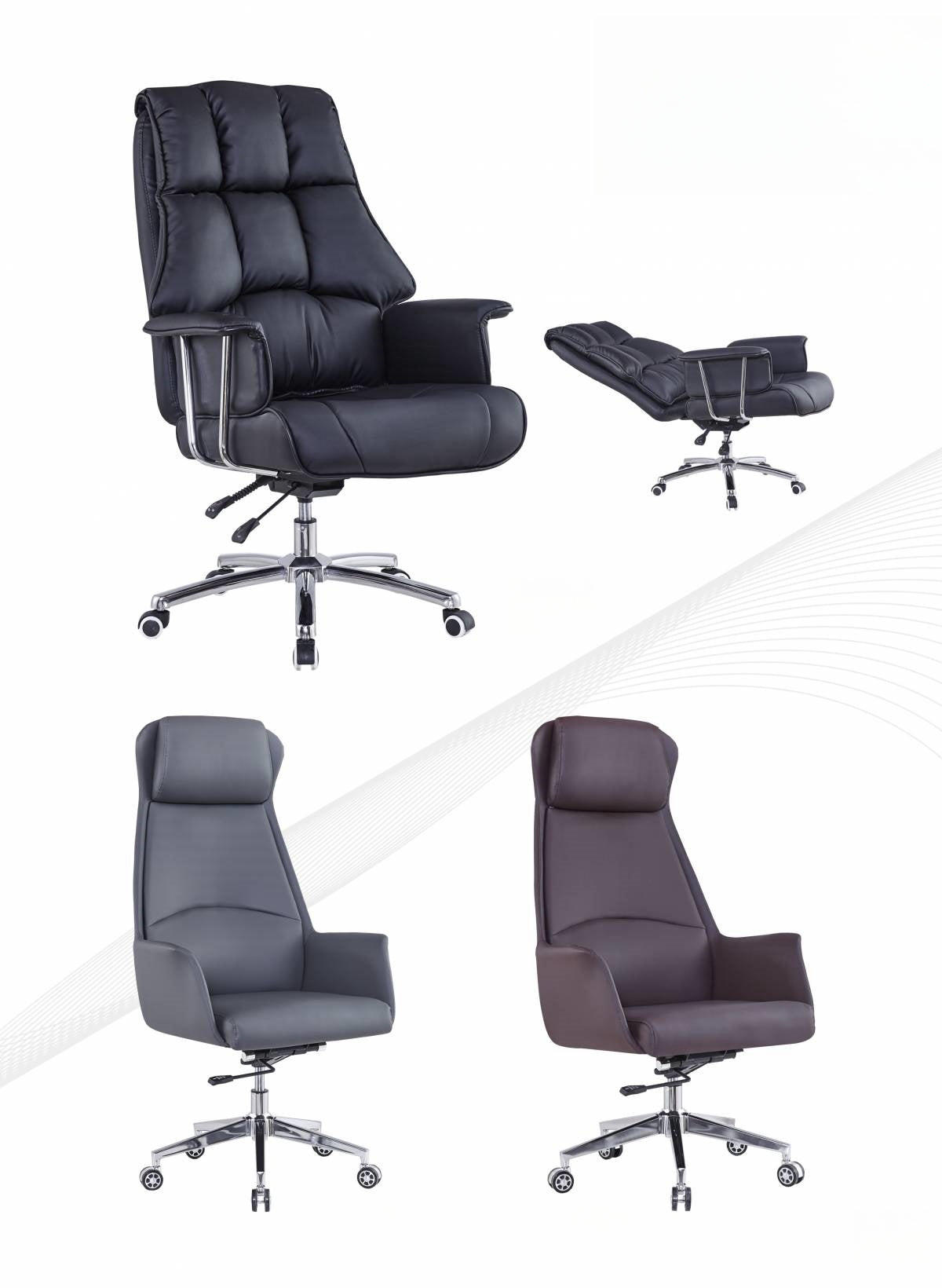 Ergonomic office executive chairs with leather and mesh options, ideal for office spaces, conference rooms, and home offices. Available for bulk wholesale directly from China for businesses and professional use. Customizable styles for commercial applications.