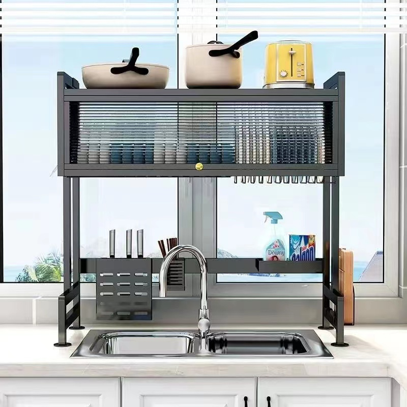 Over-sink dish drying rack with multi-level storage for dishes, utensils, and cookware, ideal for maximizing kitchen space in homes, restaurants, and cafes. Bulk purchasing available directly from China, customizable options for size and functionality.