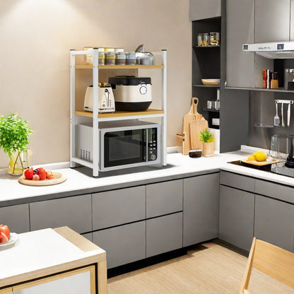 Multi-layer kitchen storage rack with microwave, toaster, and kitchenware displayed, highlighting space-saving design and wholesale option from China.