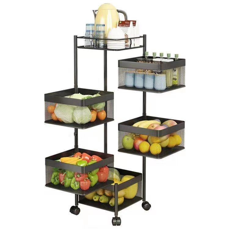 Movable multi-tier storage cart with mesh baskets, ideal for organizing fruits, vegetables, or kitchen supplies. Versatile use in home or business settings, perfect for wholesale purchase directly from China.