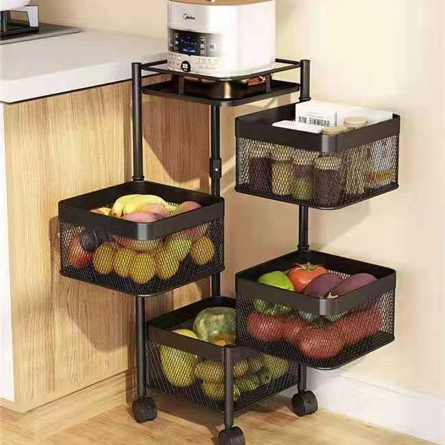 Movable kitchen storage cart with mesh design, featuring multiple tiers for organizing fruits, vegetables, and household items. Ideal for kitchen countertops and corner storage, suitable for businesses or households seeking wholesale deals directly from Chinese manufacturers.