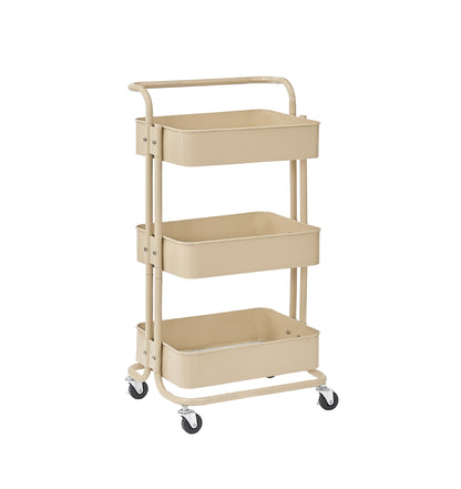 Rolling storage cart with three spacious tiers, featuring smooth casters for easy mobility. Ideal for organizing in kitchens, bathrooms, offices, and studios. Perfect for bulk wholesale purchases from China with customizable options.