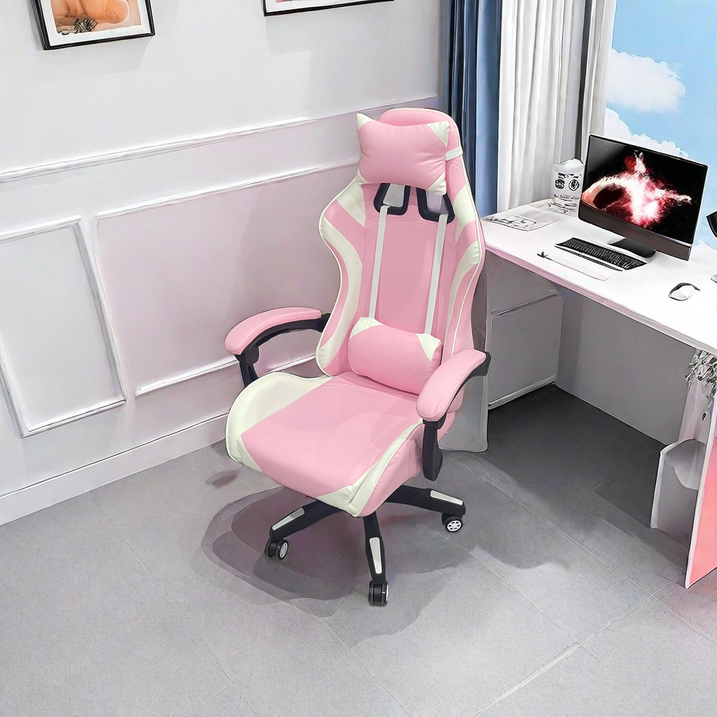 Ergonomic gaming chair with headrest and lumbar support, adjustable height, reclining angle, and 360-degree swivel function. Ideal for office, home office, and gaming setup. Supports bulk orders and direct wholesale from China.