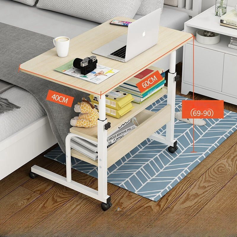 Adjustable overbed table with shelving, suitable for home office or living room use, offering mobility and easy adjustment for work or relaxation. Ideal for wholesale sourcing from China for business or bulk buyers.