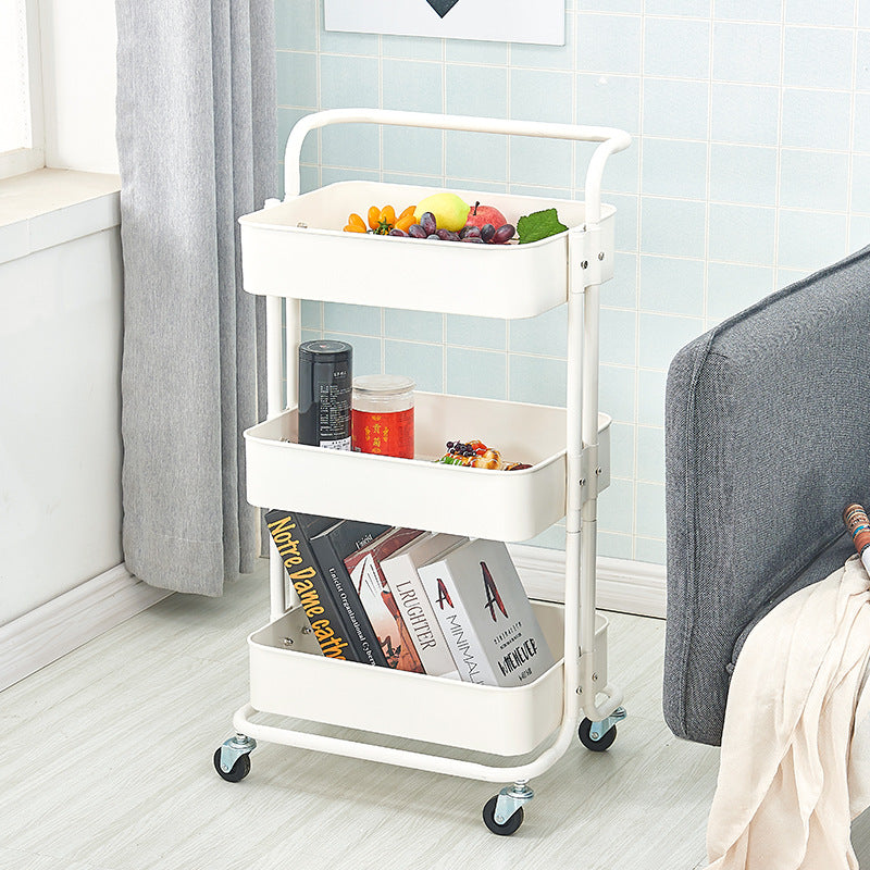 Movable multi-purpose storage cart with three-tier shelves, ideal for organizing books, food, and household items in living rooms or offices. Easily accessible and perfect for wholesale buyers seeking bulk orders from China.