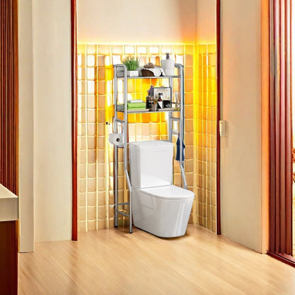 Over-the-toilet storage rack in bathroom for space-saving organization, featuring multiple shelves for toiletries and bath essentials. Ideal for wholesale purchases from a trusted Chinese manufacturer, perfect for home or commercial use in small spaces.