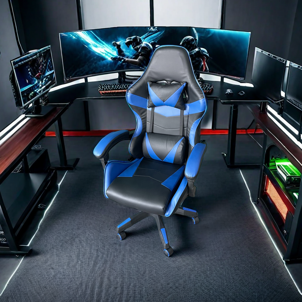 Ergonomic gaming chair with headrest and lumbar support in a gaming room setup, offering adjustable height, reclining, and 360° swivel. Ideal for resellers and businesses looking to wholesale directly from Chinese manufacturers.