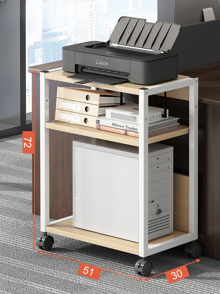 Movable office storage rack with printer, files, and office equipment placed neatly on shelves. Ideal for office or home study use. Features easy mobility with wheels for flexible repositioning. Suitable for bulk orders directly from a Chinese manufacturer.