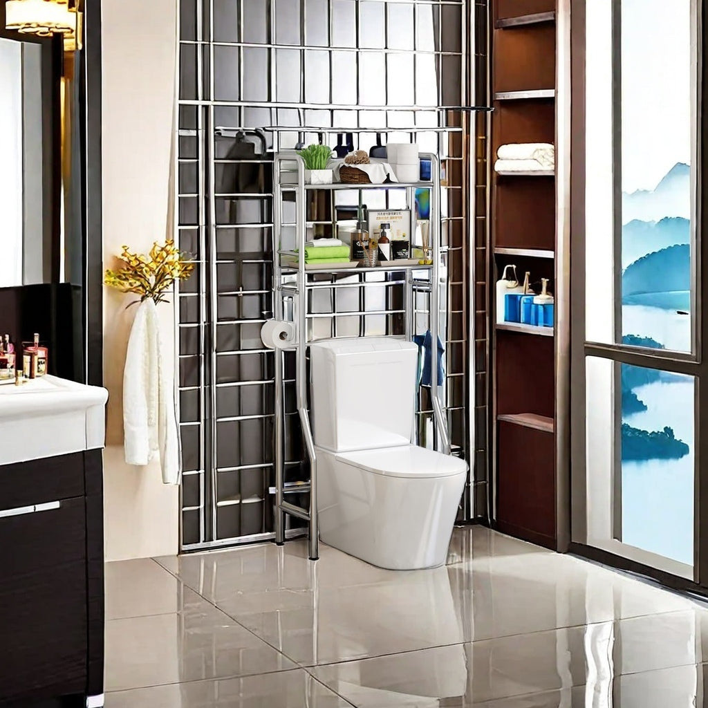 Over-the-toilet storage rack in a modern bathroom setup, offering space-saving organization. Ideal for wholesale buyers looking for bulk orders directly from China for residential or commercial use.