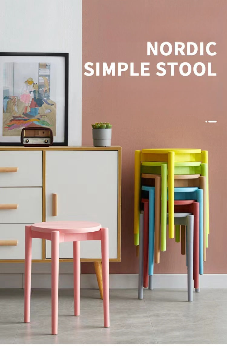 Stackable Nordic-style stools for versatile use, ideal for cafes, restaurants, offices, and home spaces. Compact design for easy storage, perfect for bulk wholesale orders directly from a Chinese manufacturer.