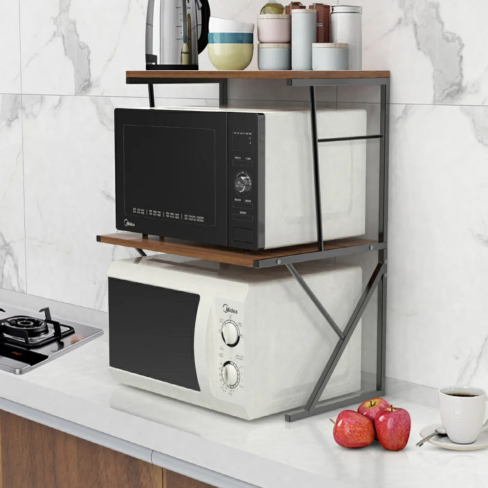 Two-tier kitchen organizer holding microwaves and kitchen essentials, ideal for decluttering kitchen spaces and maximizing vertical storage, available for direct bulk purchasing from China.